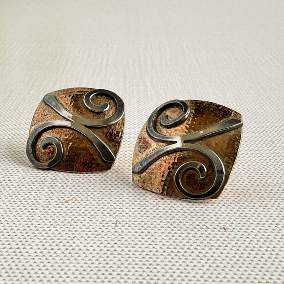 Modernist Sterling Silver & Copper Earrings For Pierced Ears 5/8" Unique Square - Picture 6 of 7